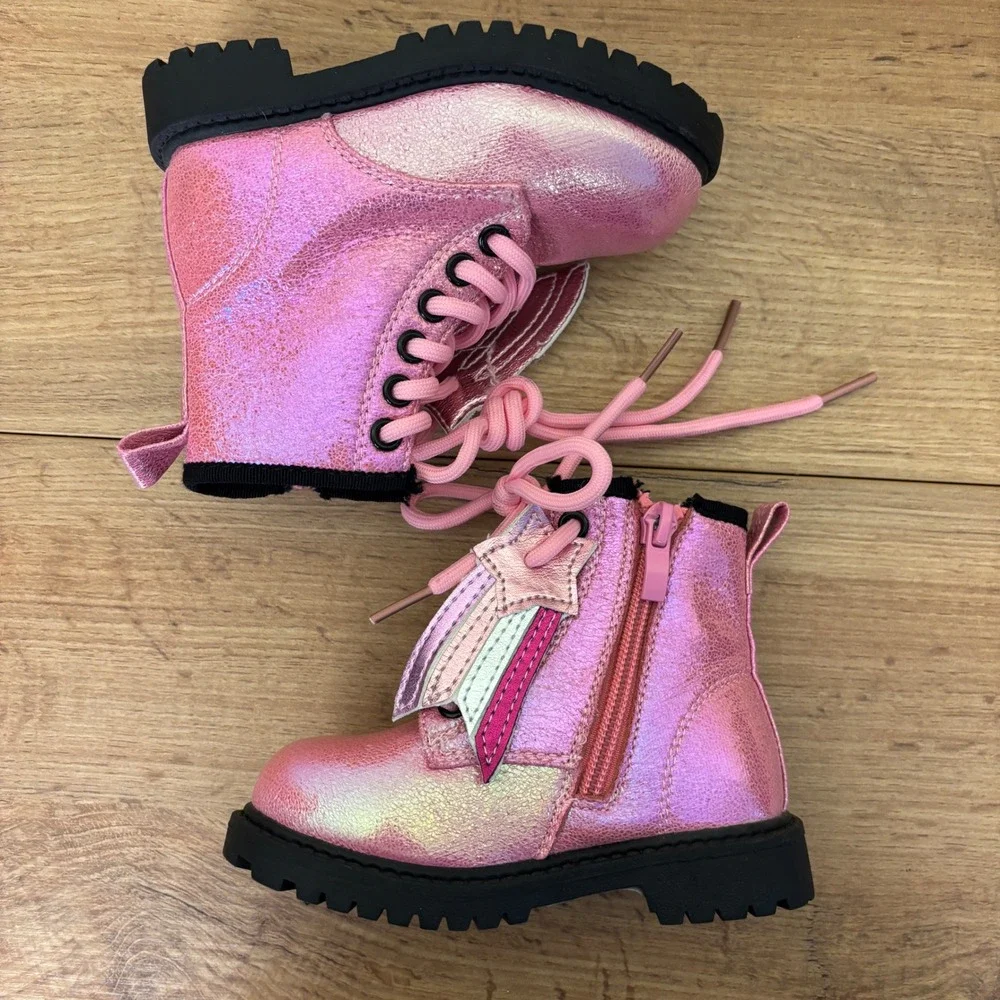 OLIVIA MILLER GIRL Crystal Sky Combat Boots Pink Kids Size 5 Metallic Lace Up